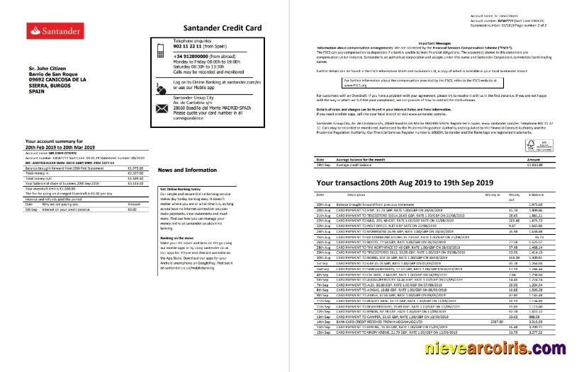 Spain Santander credit card statement, Word and PDF format (.doc and .pdf), 2 pages